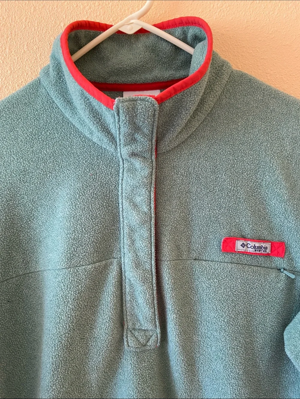 Mens Columbia PFG Fleece, Green and Red Pullover, Size Large